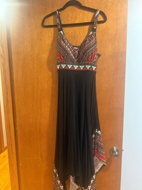 American Rag Black Midi Dress with Red & Teal Patterned Bodice
